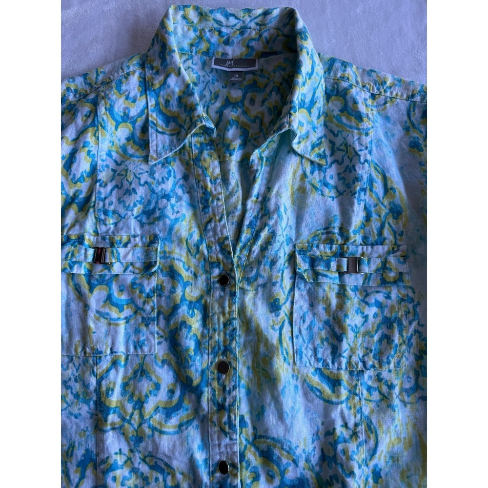 JM Collection Linen Button Up Womens Size 14 Blue Yellow Paisley Floral Coastal - Picture 10 of 11